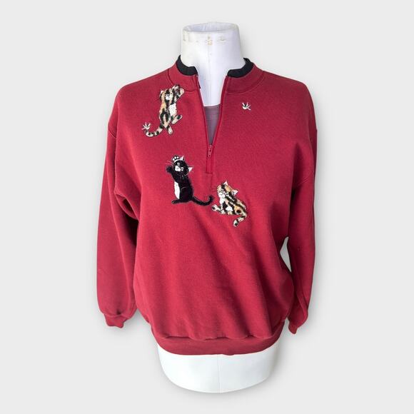 Vintage Top Stitch Cat 3/4 zip Sweatshirt Women's Large L Red Grandmacore 90s - Picture 5 of 9